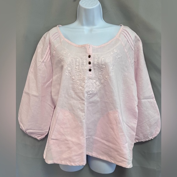 Carole Little 100% Linen Boho 3/4 Sleeves Tunic Top Blouse XL embroidery Pink - Picture 1 of 7